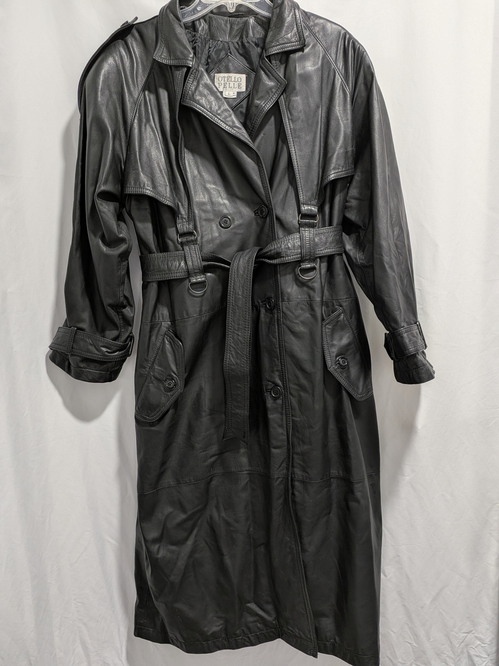 Otello Pelle VTG Women's Black Leather Trench Coat with Belt
